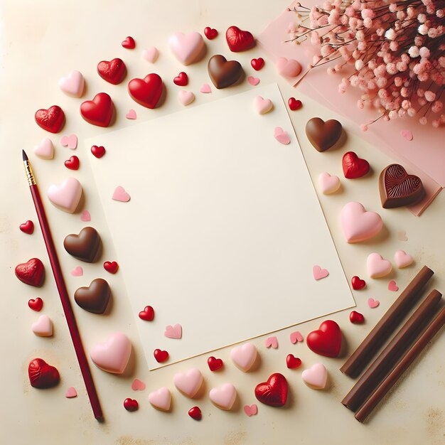 Foto sfondo del giorno di san valentino con caramelle di cioccolato e foglio di carta bianco