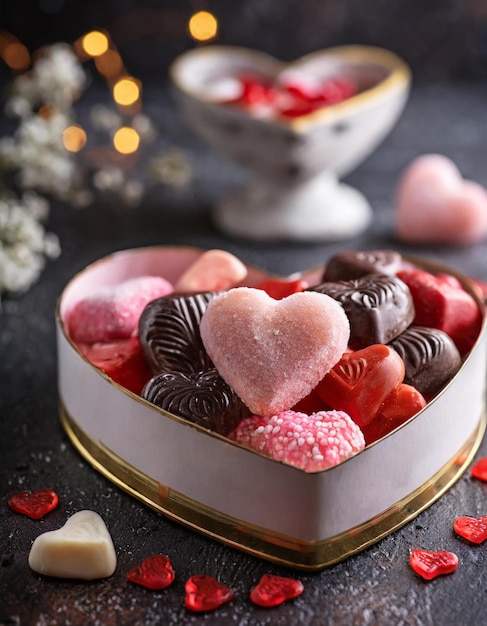 발렌타인 데이 배경에는 심장 모양의 상자에 초콜릿 사탕이 있습니다.