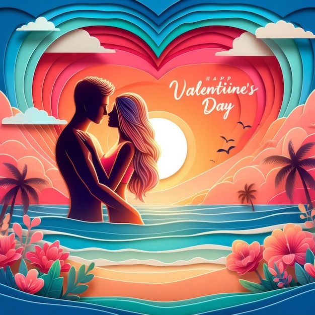 Valentines day background with couple in love paper art