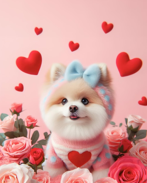 Valentines day background with cute puppy dog in rose flower garden