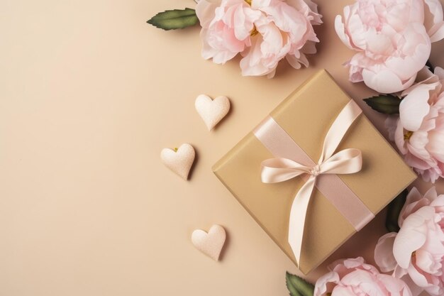 Valentines day background with a gift box made of kraft paper with paper hearts