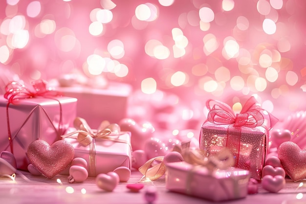 Valentines day background with gift boxes and hearts on bokeh background