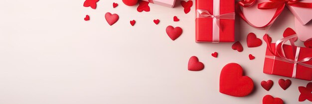 Photo valentines day background with gift boxes and red hearts on white background top view