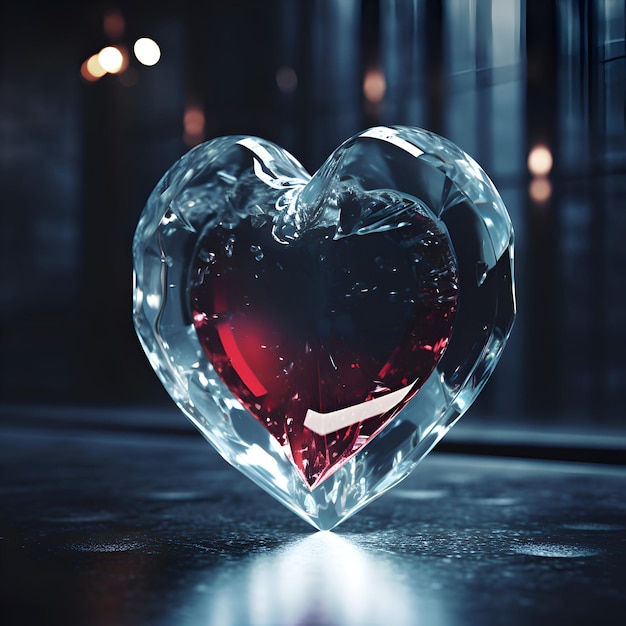 Фон Дня святого Валентина со стеклянным сердцем 3D-рендеринг