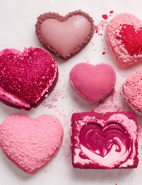 Valentines Day background with group of heart shaped cakes sitting on top of a table