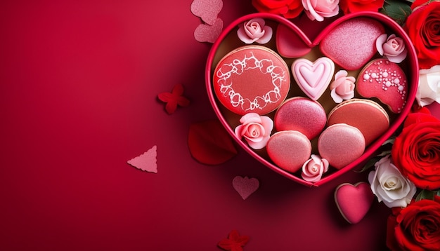 Valentines day background with heart shaped cookies and rose flowers