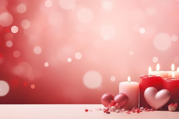 Valentines day background with hearts and candles on bokeh background