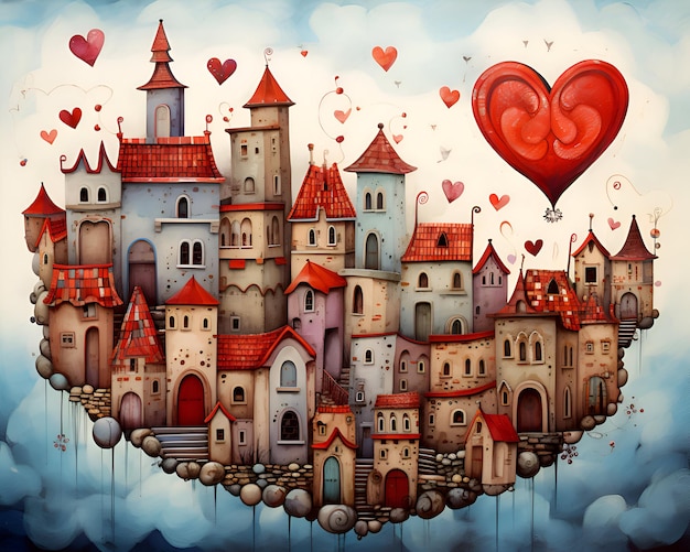 Valentines day background with heartshaped castle and balloons