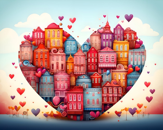 Valentines day background with heartshaped houses illustration