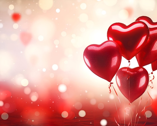 Valentines day background with red heart balloons and bokeh lights