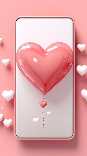 Valentines day background with red heart and mobile phone 3d rendering