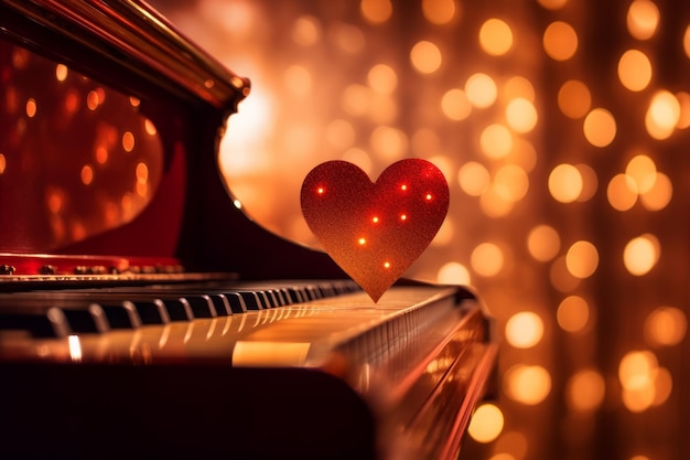 발렌타인 데이 배경에는 빨간색 심장과 피아노가 보케 배경에 있습니다.