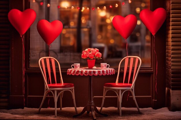 Valentines day background with red heart shaped balloons and two chairs