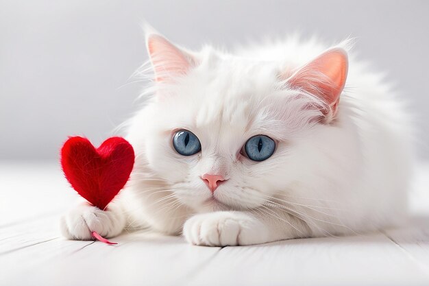 Valentines day background with red heart on white cat hair Happy Valentine s day