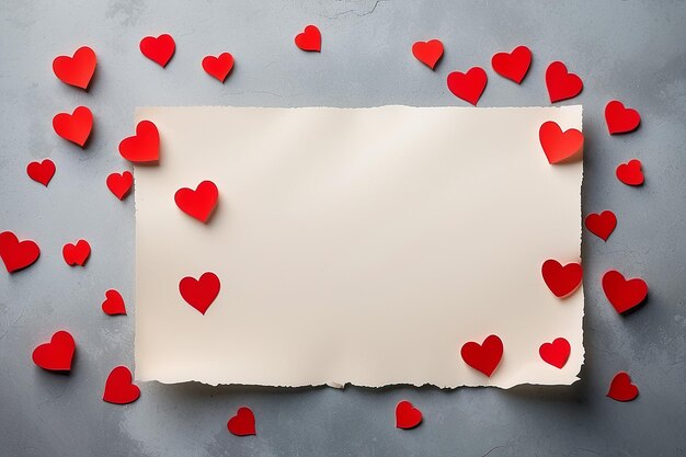 Valentines day background with red hearts and a blank paper on old concrete table