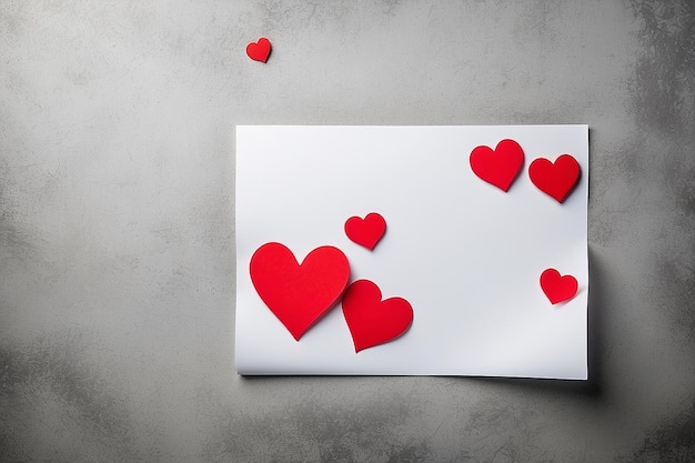 Photo valentines day background with red hearts and a blank paper on old concrete table