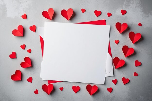 Valentines day background with red hearts and a blank paper on old concrete table