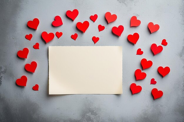 Valentines day background with red hearts and a blank paper on old concrete table