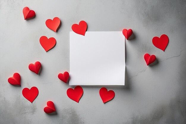 Valentines day background with red hearts and a blank paper on old concrete table