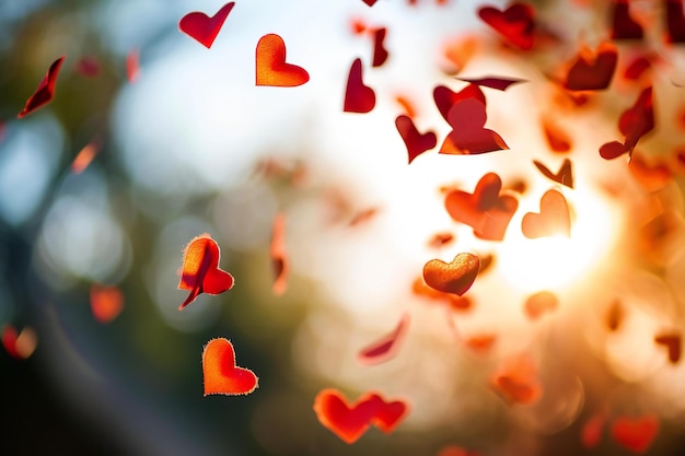 Photo valentines day background with red hearts on bokeh background