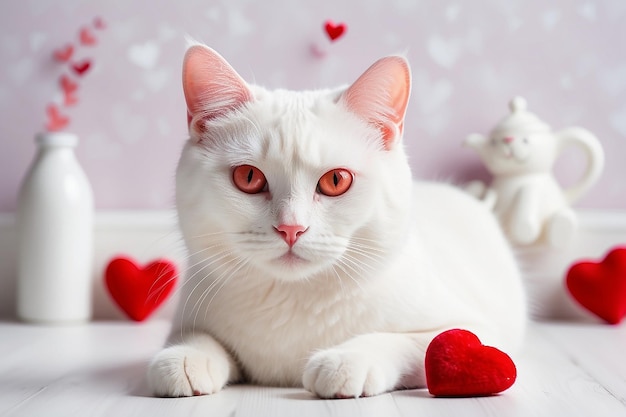 Valentines day background with red hearts and white cat in background Love and Valentine concept