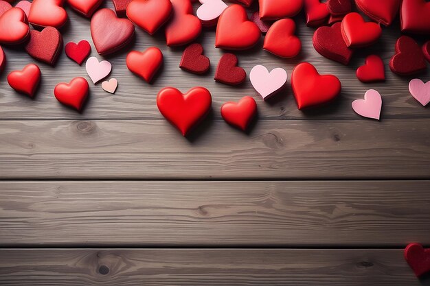 Valentines day background with red hearts on wood floor Love and Valentine concept