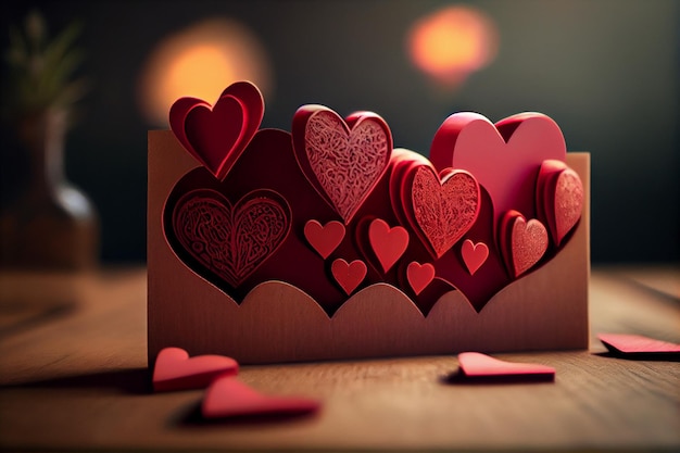 Valentines day background with red paper hearts on old wooden tablegenerative ai