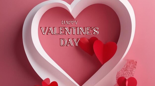 Valentines day background with red paper hearts on pink background