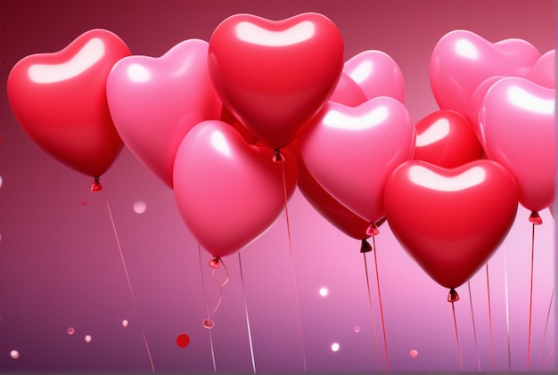 Valentines day background with red and pink hearts like balloons on pink background