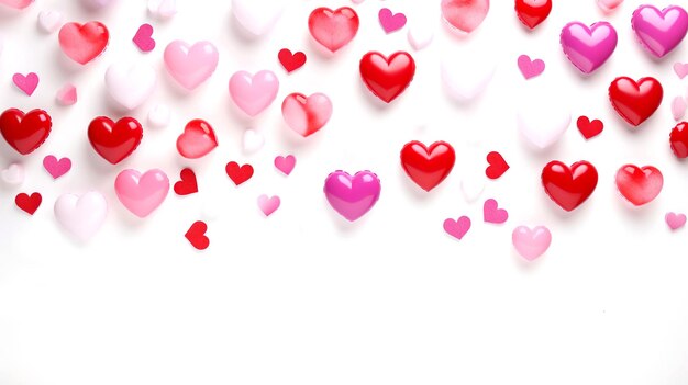 Photo valentines day background with red and pink hearts on white background