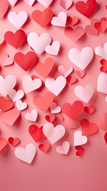 Фон дня святого Валентина с красной розовой бумагой, вырезанной сердцем, обои для телефона