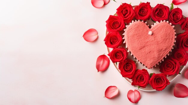 Valentines day background with red roses heart and cupcake