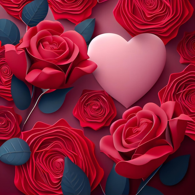valentines day background with red roses and pink heart