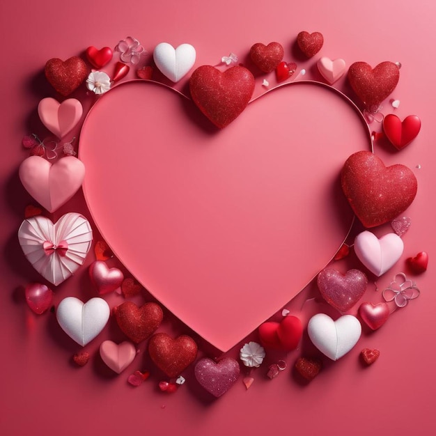 Valentines day background with red and white hearts on pink background