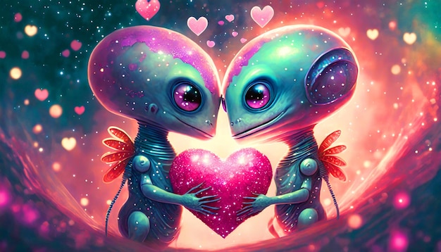 Valentines day background with two alien holding a heart in their hands