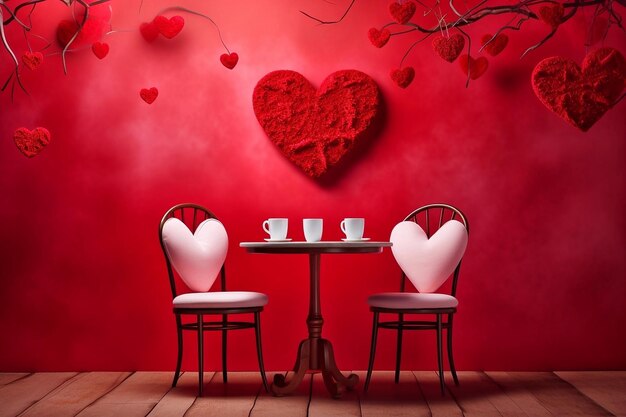 Valentines day background with two chairs table and hearts