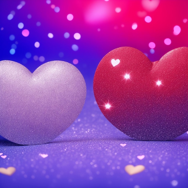 Valentines day background with two red hearts on silver glitter