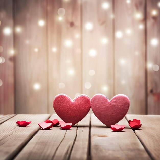 Photo valentines day background with two red hearts on wooden background generative ai