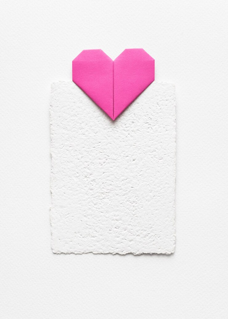 Valentines Day background with white greeting card mockup and pink origami heart