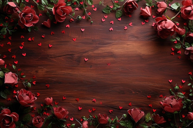 Valentines day background Wood Tabletop with hearts Valentines concept