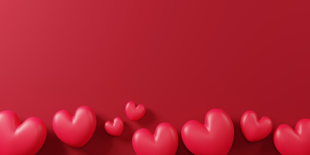 Photo valentines day banner design of hearts on red background with copy space 3d render