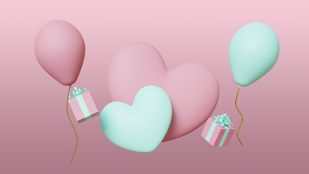 Valentines day banner pink background with hearts, balloons and gifts. 3d render.