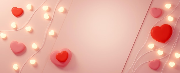 Valentines day banner with red and pink hearts background. 3D illustration