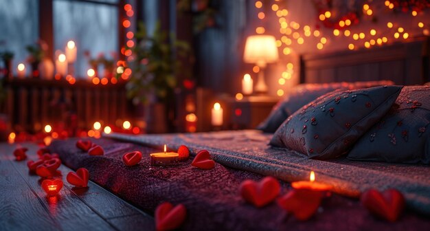 Photo valentines day bed with hearts on pillows candle lights