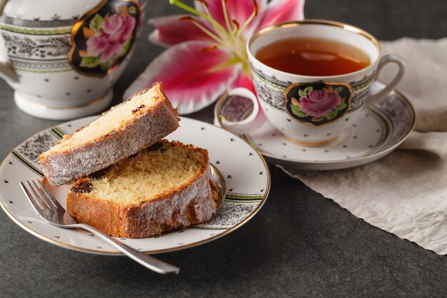 Valentines day breakfast with coffee, cake and flower