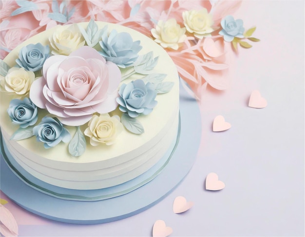 写真 花とパステルカラーのバレンタインデーのケーキ