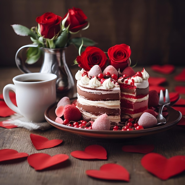 Valentines Day cake with red roses cake and coffee on wooden background