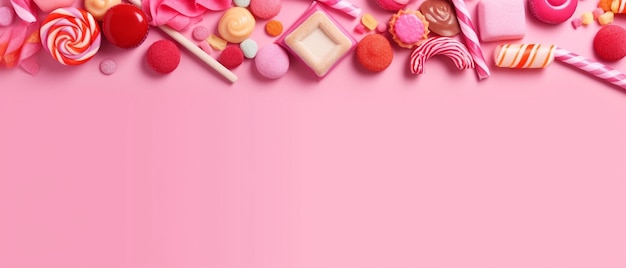 ピンクの紙の背景にさまざまなお菓子を入れたバレンタインデーのキャンディーコーナーの境界線
