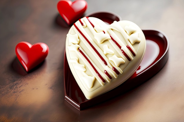 Valentines day candy in shape of white chocolate heart with red decoration created with generative a