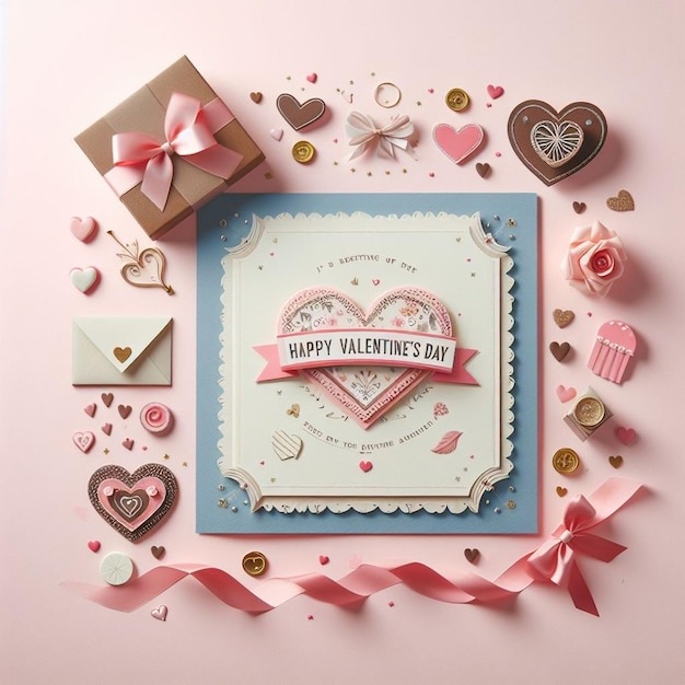 Photo valentines day card lying on pink table surrounded by hearts and flowers